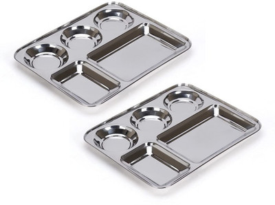 LolyKitch Stainless Steel Rectangular 5 in 1 Compartment/Dinner Plate Set of 2Pcs Dinner Plate(Pack of 2, Microwave Safe)