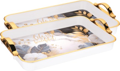 FABLE Flower Printed Serving Tray Plastic Material BPA Free Tray with Handle for Tea, Tray(Pack of 2, Microwave Safe)