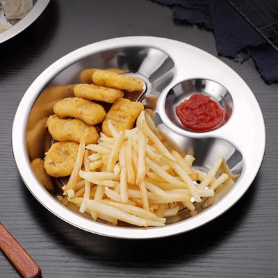 cloudtab Stainless Steel Dumpling Plate with Dipping Saucer Double-Layer Draining Tray Chip & Dip Tray
