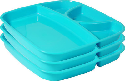Morvi Plastic Microwave Safe Unbreakable Partition Plates Set, 3 Pcs, Cyan Sectioned Plate(Pack of 3, Microwave Safe)