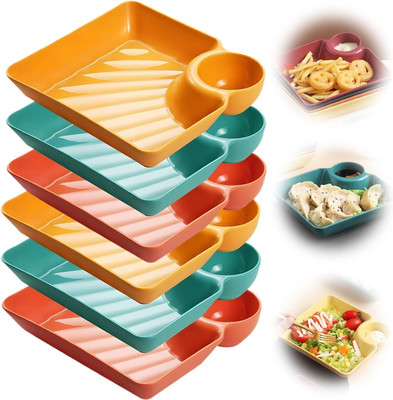 CUZWAVE Chip Dip Serving Platter Set, Plastic Dumpling Plates with Sauce Compartment Dinner Plate(Pack of 6)