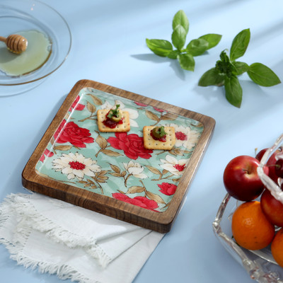 DULI Serving Platter in Mango wood Flower Print for Home & Dining Table 8x8 inch Tray