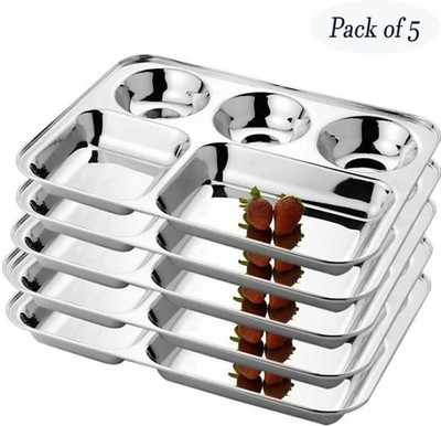 yogit Stainless steel bhojan Thali Dinner Plate (5 Units) Dinner Plate (5 Dinner Plate) Dinner Plate (5 Dinner Plate) Sectioned Plate(Pack of 5, Microwave Safe)