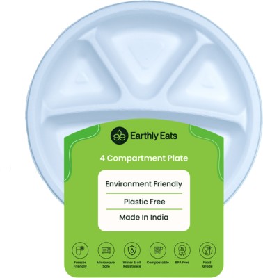 EARTHLY EATS Sugarcane Bagasse Compostable and Disposable 11 INCH Round 4 Compartment Dinner Plate(Pack of 50, Microwave Safe)