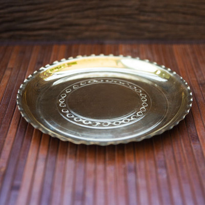 VIKITSU Brass Designer Gasrabi Pooja Plate | Pital Thali Set for Pooja, Home(8.8x0.5) Dinner Plate(Microwave Safe)
