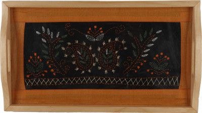 INDHA Handcrafted & Hand Embroidered Pine Wood Decorative & Serving Tray/Glass Tray
