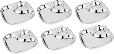 GATISTAVAM Stainless Steel Compartment Plates Set – 2-in-1 Square Partition Thali Dinner Plate(Pack of 6, Microwave Safe)