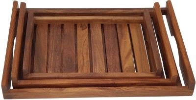 DESI KARIGAR Wooden Set Of 3 Striped Trays Tray(Pack of 3)