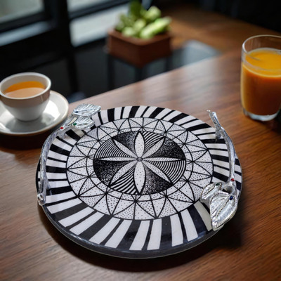 CUGONA Round Serving Tray with Sliver Metal Handles 12 inch Round Serving Platter Resin Tray