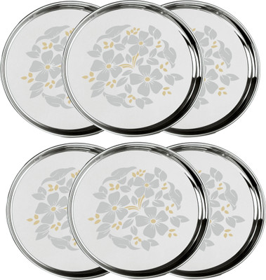 Snapple Stainless Steel Classic Designer Thali/Khumcha/Dinner Plate Heavy Guage 27cm Dinner Plate(Pack of 6)