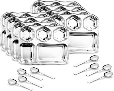 Classic Essentials Stainless Steel 5in1 Compartment Hexagonal Design Bhojan Thali with Spoon Sectioned Plate(Pack of 8)
