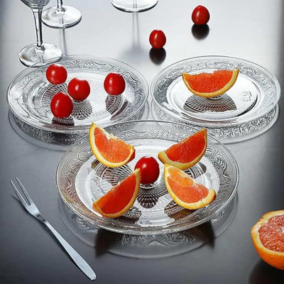 SYNDLEYZ Premium Glass Serving Plate with Elegant Embossed Design Tray(Pack of 3)