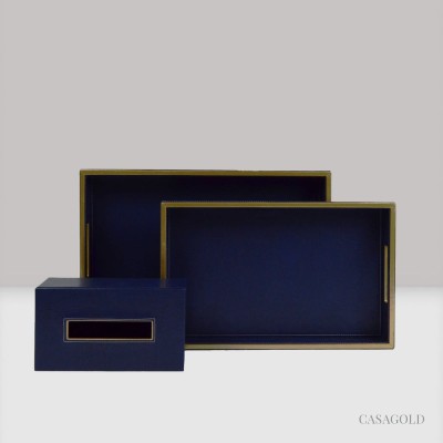 casagold Set of 2 Leather Tray II Tissue Holder Set - Blue Tray(Pack of 3)