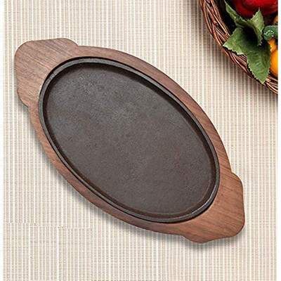 ViaZAID Cast Iron Steak Plate Sizzler/Sizzling/Pan Grill Fajita Server with Wooden Base Sizzler Tray(Microwave Safe)