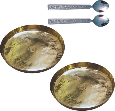 SHINI LIFESTYLE Pure Brass Thali Set For Pooja/Serving Purpose, Brass Plate 2pc with Spoon Set Dinner Plate(Pack of 4)