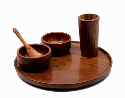 HANDYYTWWISST Wooden Dinner Set Decorative Plate Dinner Thali Set with 2 Bowls & 1 Glass Dinner Plate(Pack of 3, Microwave Safe)