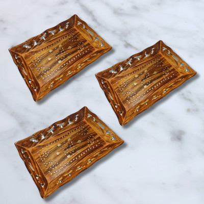4MECH Sheesham Handcrafted Premium Decorative Rectangular Wooden 13x9 Inch Tray(Pack of 3)