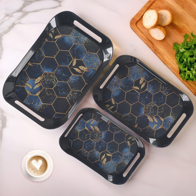 HOMESTIC Durable 3 Tray Set for Serving Snacks with Handles | Hexagon Print - Black Tray(Pack of 3)