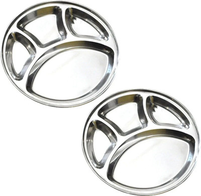 Omkar Enterprises Stainless Steel Round Plate - 4 Partition Divided, Lunch/Dinner/Bhojan/Thali Plates - 2 Unit Sectioned Plate(Pack of 2)