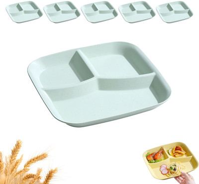 KOOSHLO 6 Pcs Square Divided Wheat Straw Plastic Diet Plates 3 Compartments Unbreakable Sectioned Plate(Pack of 6, Microwave Safe)