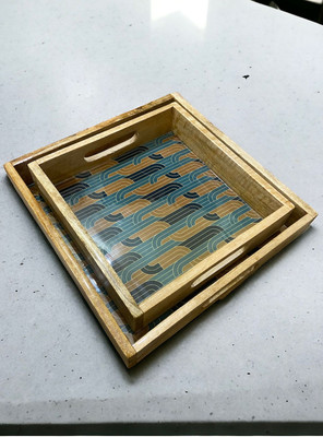 Kesha Spree Mango Wood Tray Set of 2 Epoxy Layered 10 x 10 in & 12 x 12inch Tray(Pack of 2)