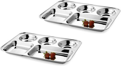 KARFE Steel Divided 5 Compartment , Serving Platter, Bhojan Thali Dinner Snack Set 2 Sectioned Plate(Pack of 2)
