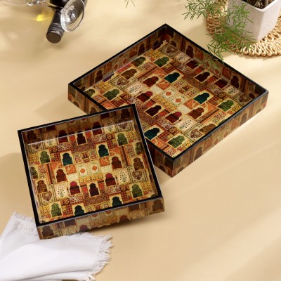 DULI Set of 2 Square Decorative Jharoka Print Serving Tray for Diwali & Festive Gifts Tray(Pack of 2)