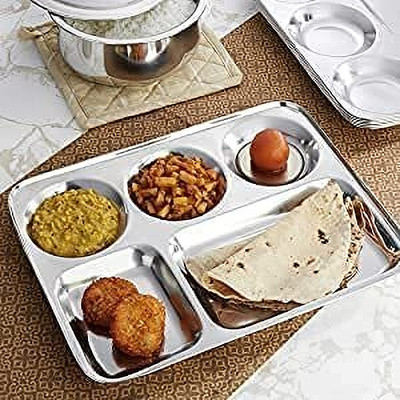 DiosHomes Stainless Steel 5in1 Compartment/Partition/Sectioned Plate/ Bhojan Thali Sectioned Plate(Pack of 6, Microwave Safe)