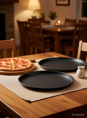 H&M Store Carbon Steel Pizza Pan Tray for Baking in Oven Non Stick Black Pizza Tray(Pack of 3, Microwave Safe)