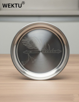 WEKTU Stainless Steel Kanjak Plate with Krishna Flute & Peacock Feather Engraving Quarter Plate
