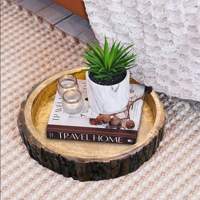 SIFU COLLECTION Beautiful Table Decor Round Shape Wooden Serving Tray/Platter for Home & Kitchen Tray(Microwave Safe)