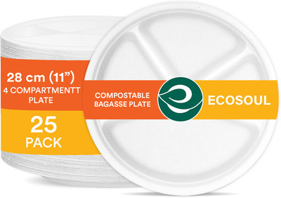 ECO SOUL Round 11 inch 4 Compartments Compostable Bagasse (27 cm) Dinner Plate(Pack of 25, Microwave Safe)