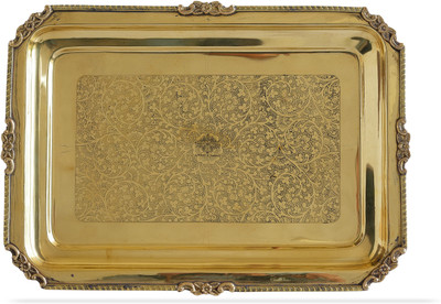 INDIAN ART VILLA Brass Embossed Rectangular Tray With Beedling 39x29 Cm Tray