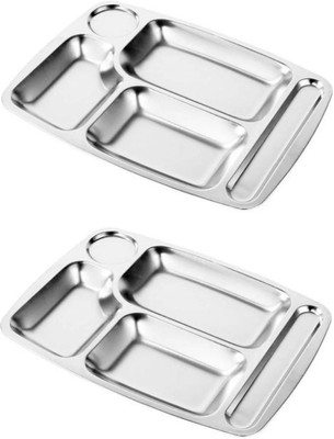 Dynore Stainless Steel Rectangle 5-In-1 Component Dinner Plate Tray Sectioned Plate(Pack of 2)