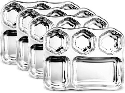 Classic Essentials Stainless Steel Dinner Plate / Hexagonal Bhojan Thali / 5in1 Compartments Sectioned Plate(Pack of 4)