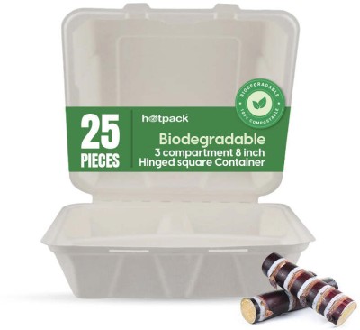 Hotpack 25 Pieces Biodegradable 3 Compartment 8 Inch Hinged Square Container Sectioned Plate(Pack of 25, Microwave Safe)