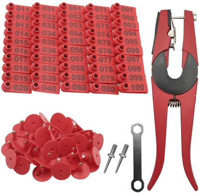 SERPLEX Cattle Ear Tags Set 001-100 Red Easy Applicator Needle Nose Plier(Length : 9.5 inch)