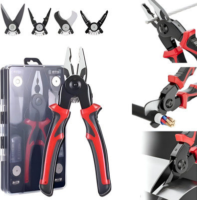 rich mart 5-In-1 Multi Use Wire Stripper Stainless Steel Body With 5 Interchangeable Heads Lineman Plier(Length : 7.4 inch)