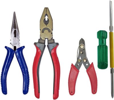 Inditrust Heavy duty Plier Red 2in1 Screwdriver Wire cutter & Nose Plier set (Pack of 4) Hand Tool Kit(4 Tools)