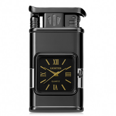 FITUP Premium Men’s Jet Flame Lighter with Analog Watch – Refillable Windproof Butane Torch – Compact Metal Body – Ideal Gift for Him Pocket Lighter(Grey)