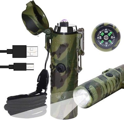 AirMount ™3 in 1 Waterproof Rechargeable Electric Lighter with Flashlight & Compass Arc Lighter with Flameless and No Butane Electronic Plasma Cigarette Lighter Pocket Lighter(Army Green)