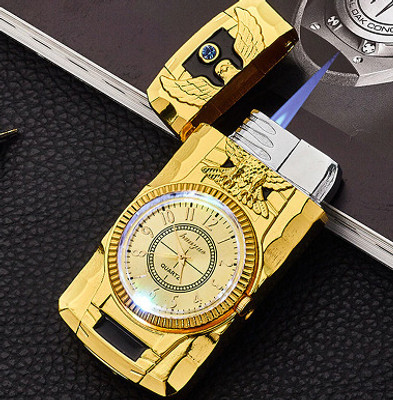 HumBiG ™Heavy Metal Body Pocket Watch Golden Jet Flame Lighter A025 Pocket Lighter Jet Flame Watch Lighter And Flashing Light 4 Colors in Watch | Metal Pocket Pocket Lighter(Golden)