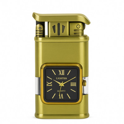 FITUP Premium Jet Flame Lighter with Quartz Watch for Men – Windproof Refillable Torch Lighter Metal Pocket Accessory Gift for Smokers Pocket Lighter(Beige)