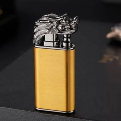 nisatraders DRAGON DOUBLE FLAME SOLID CIGAR CIGARETTE LIGHTER Dragon Face Double Flame Metal Body |Easy Refillable Lighter | Pocket Lighter(GOLDEN)