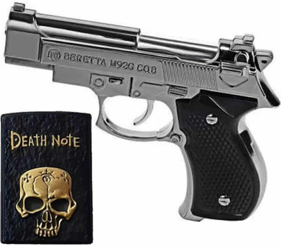 GOOD THINGS Death Note And M92G MINI GUN MOUSER Shaped Design Refillable Premium Look Side Slider Windproof Jet Flame Cigarette Pack Of 2 Pocket Lighter(Black, Silver)