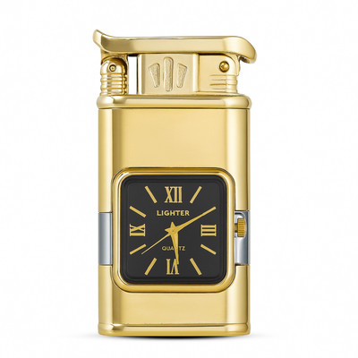 FITUP Luxury 2-in-1 Jet Lighter with Built-in Watch Refillable Butane Torch Flame – Windproof Metal Lighter for Men – Elegant Smoking Gift Pocket Lighter(Gold)