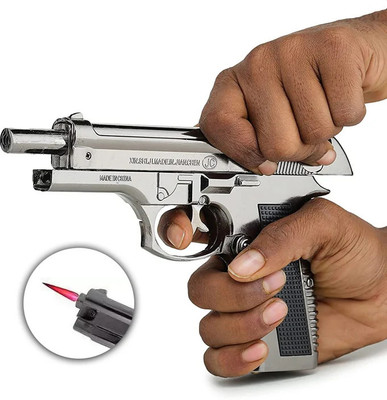 teamB 608 Gun Lighter – Heavy Metal Pistol Design | Jet Flame | Windproof & Refillable 608 metal gun lighter Pocket Lighter(Silver)