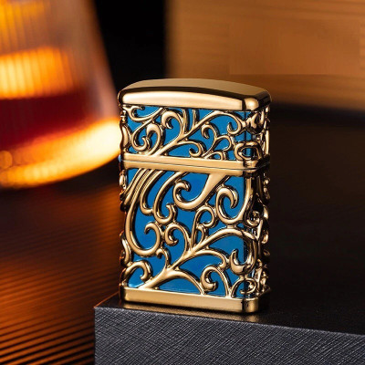 teamB Spark Wheel kerosine Lighter - Black Royal Design | Metal Internal Body ,Plastic Cover, Shinny Finish | Refillable Pocket Lighter(Blue, Gold)