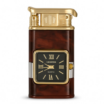 FITUP Premium Refillable Jet Flame Lighter with Quartz Clock – Stylish for Men Windproof Torch with Durable Metal Build – Gift-Ready Design Pocket Lighter(Brown)