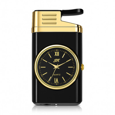 Crokroz Premium Refillable Jet Flame Butane Lighter with Built-in Watch | Stylish Windproof Metal Lighter for Men | Classic Design Pocket Lighter(Black)